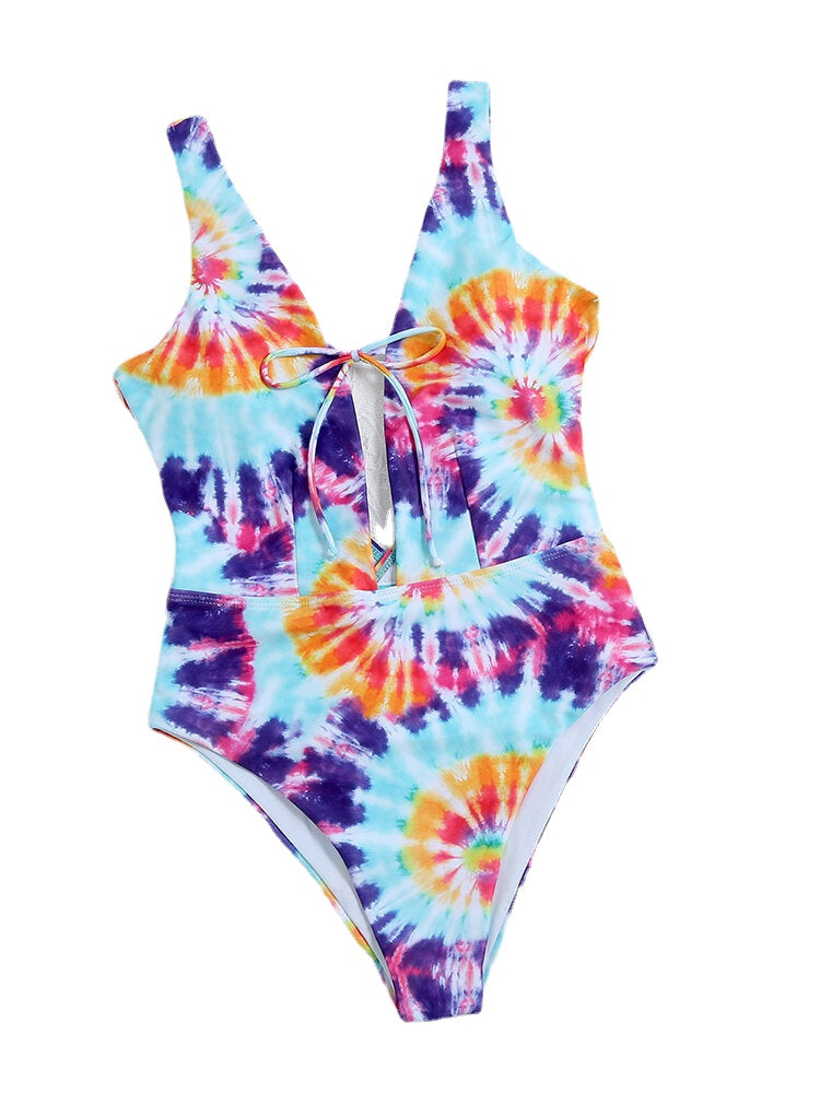 Colorful Tie Dye Bowknot Trim High Fork One Piece Women Beach Swimwear