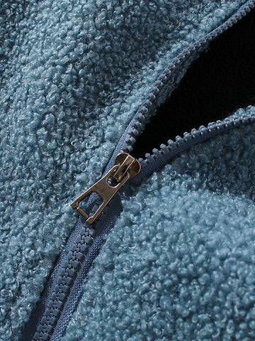 Mens Solid Color Slant Pocket Zipper Warm Shearling Simple Hooded Jacket
