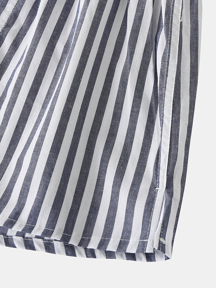 Mens 100% Cotton Basic Striped Breathable Loose Fit Home Lounge Shorts Boxers With Pocket
