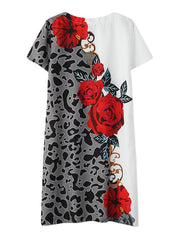 Women Leopard Floral Print V-Neck Casual Short Sleeve Dress