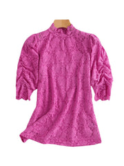 Solid Lace Puff Sleeve Half Collar Blouse