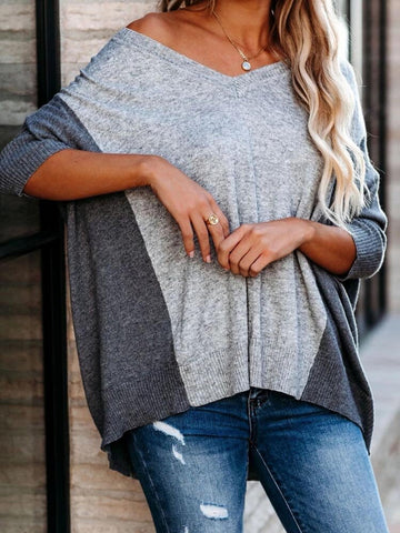 Women Patchwork Colorblock Drop Sleeve V-Neck Loose Daily Sweater