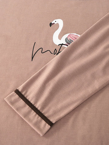 Women Crane Leaves Print O-Neck Cotton Long Sleeve Plus Size Lounge Home Pajamas Sets