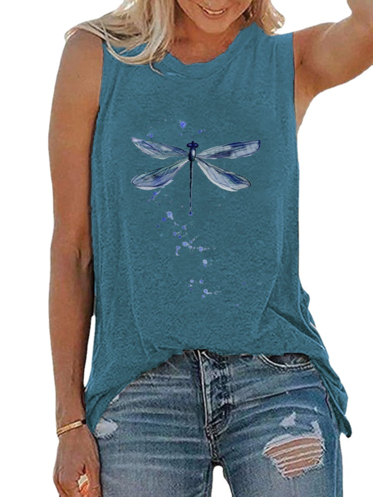 Women Dragonfly Print Sleeveless Casual Tank Tops