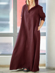 Women Vintage V-Neck Side Pockets Split Cotton Maxi Dress