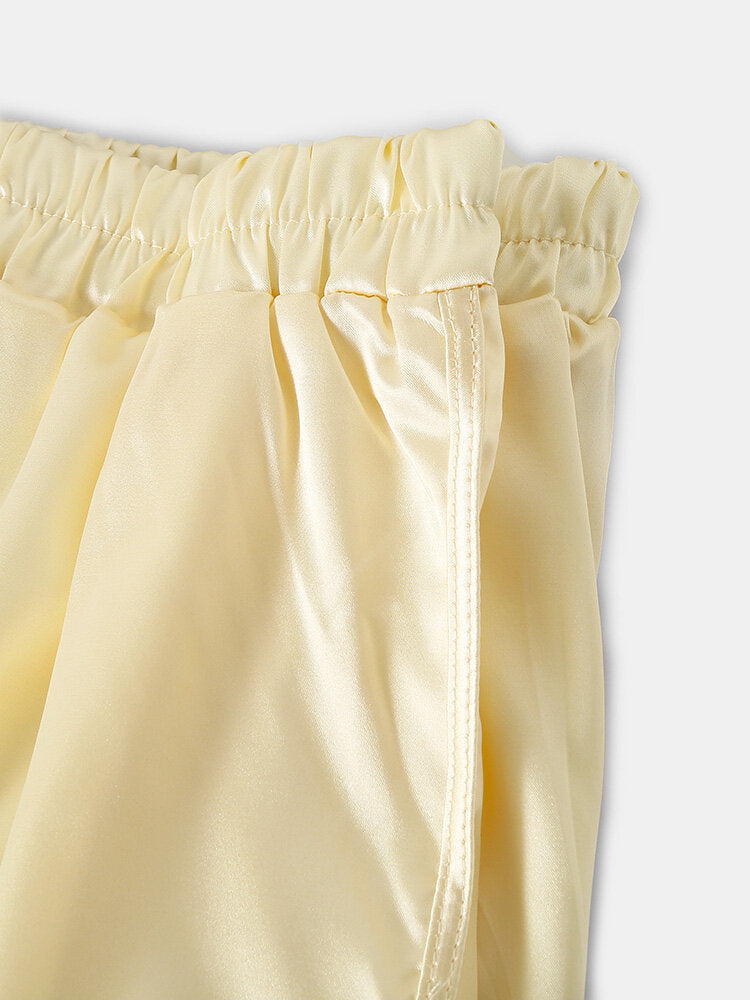 Mens Solid Color Soft Silk Breathable Loose Lightweight Home Elastic Mid Waist Boxers