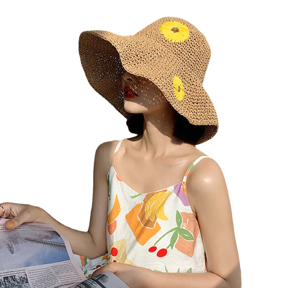 Women Straw Floral Solid Color Elegant Sunflower Big Brim Visor Sun Protection Hat Beach Hat Bucket Hat