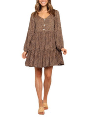 Women Leopard Print V-Neck Button Loose Long Sleeve Dresses