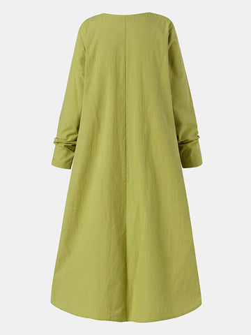 Women Solid Color V-Neck Long Sleeve Plain Casual Dress With Side Pocket