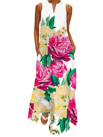 Women's Long Dress Maxi Dress Casual Dress Shift Dress Floral Butterfly Fashion Casual Outdoor Daily Vacation Pocket Print Sleeveless V Neck Dress Regular Fit White Pink Red Spring Summer
