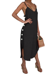 Women Sleeveless Strap V-neck Button Solid Maxi Dress