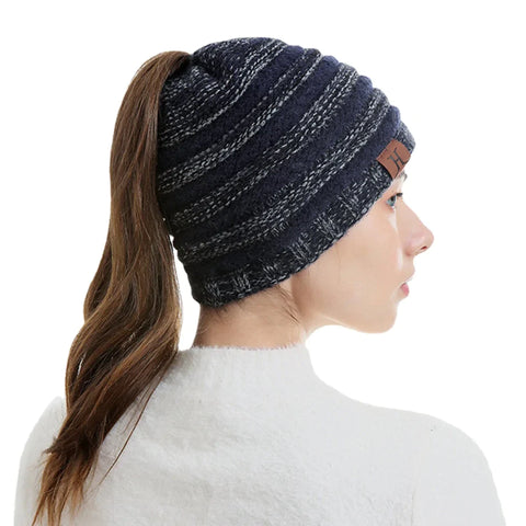 Unisex Wool Stripe Pattern Keep Warm Empty Top Ear Protection Knitted Hat
