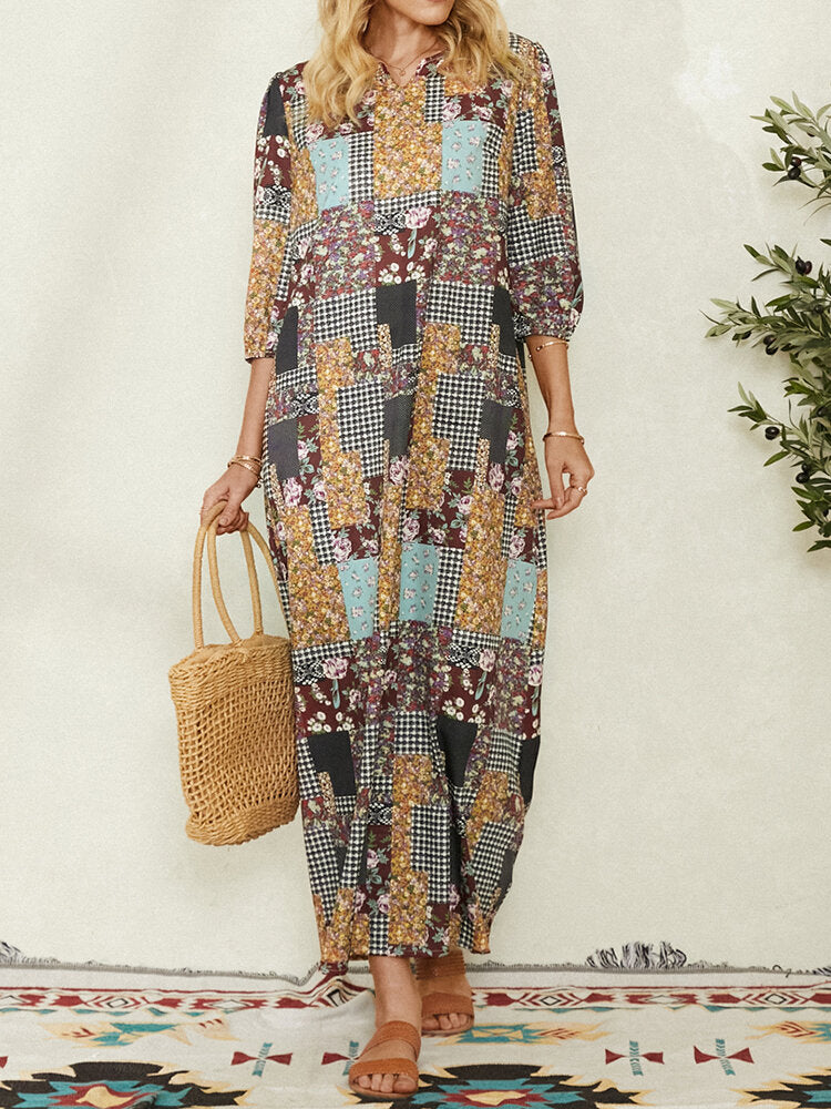 Women Colorblock Floral Plaid Print Vintage Maxi Dress With Pocket