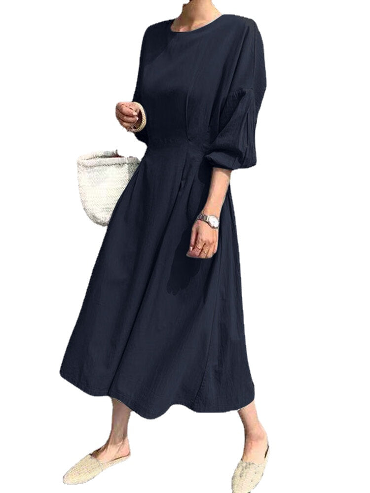 Solid Back Tie Crew Neck Lantern Long Sleeve Casual Dress