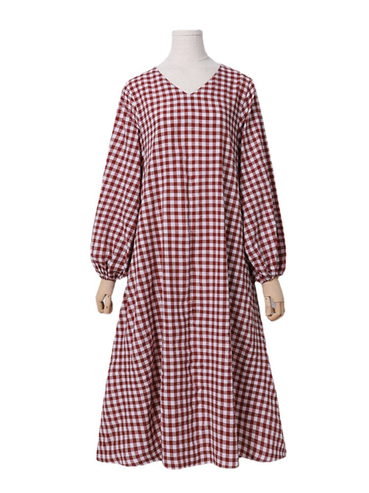 Women Plaid  Puff Long Sleeve Casual V-Neck Midi Dress