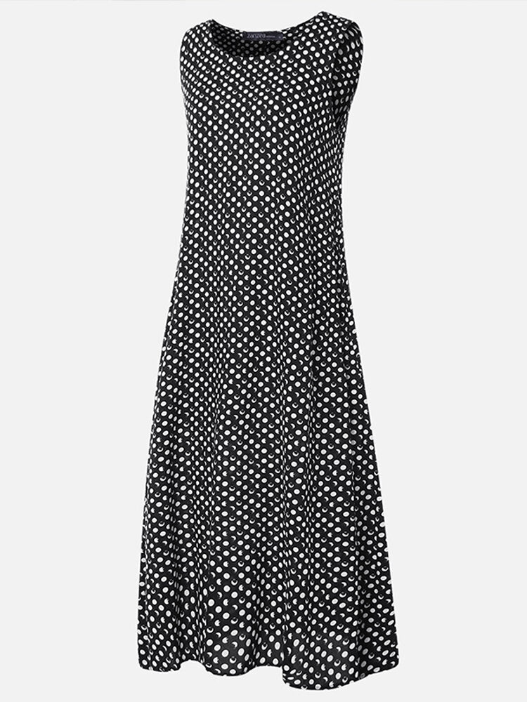 Women Bohemian Sleeveless O-neck Polka Dot Print Maxi Dress