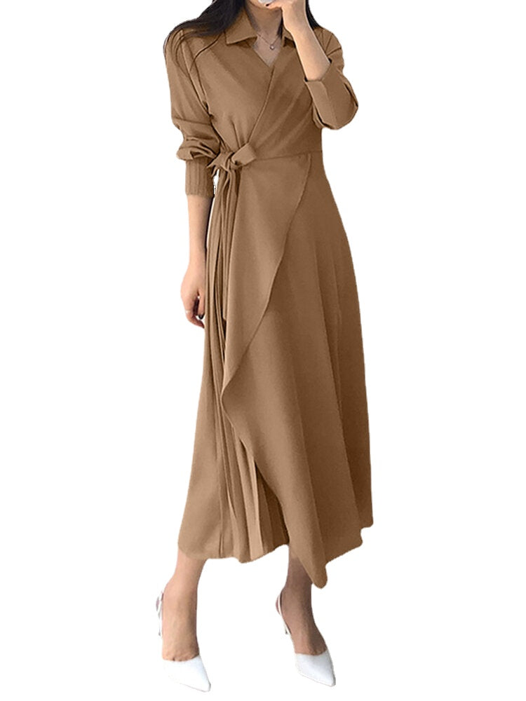 Solid Cross Front Tie Pleated Long Sleeve Lapel Shirt Dress