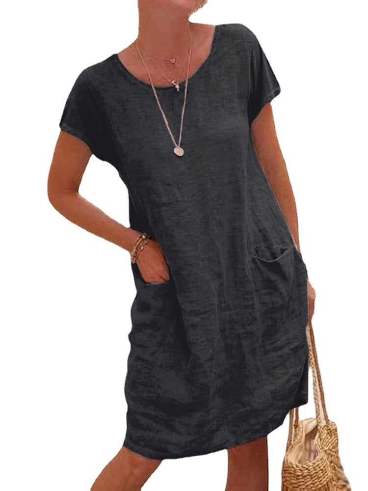 Women Solid Color Casual O-Neck Short Sleeve Mini Dress With Pockets