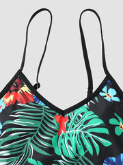 Women Tropical Leaves Pattern Wireless Padded V Neck Bikinis Swimsuits