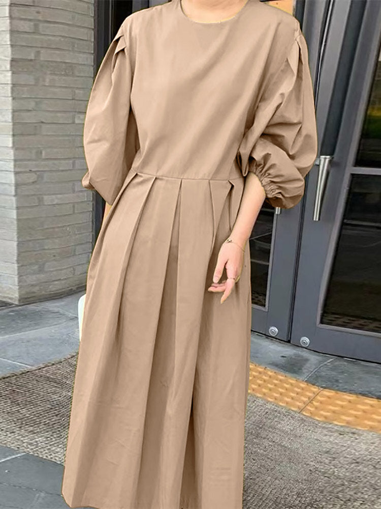 Pleat Solid Puff Sleeve Round Neck Midi Dress