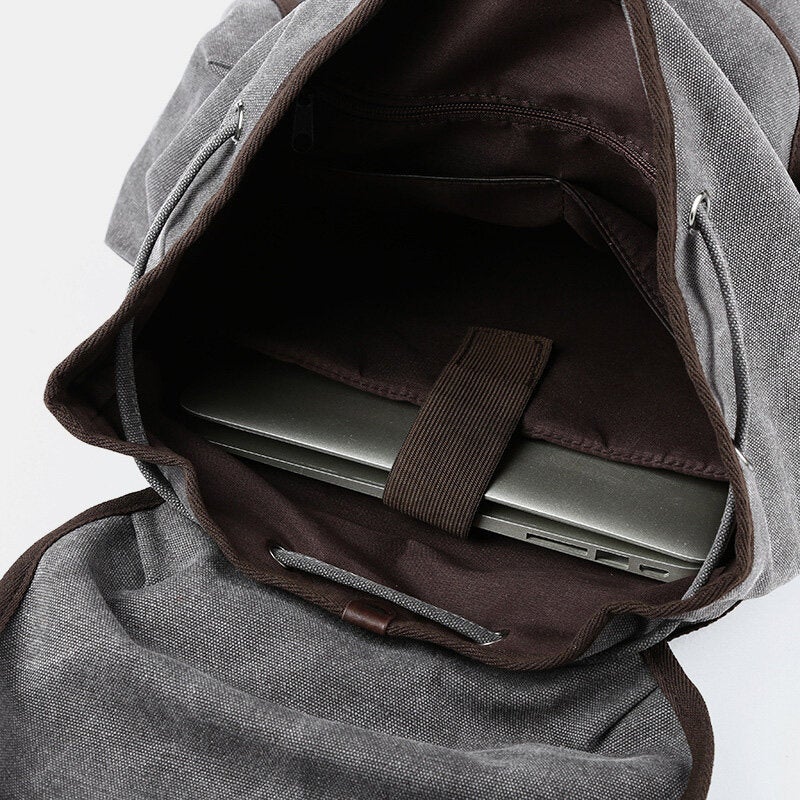 Men Washed Canvas Thickened Shoulder Strap Design Breathable Backpack Retro Casual 15.6 Inch Laptop Bag Drawstring Hasp