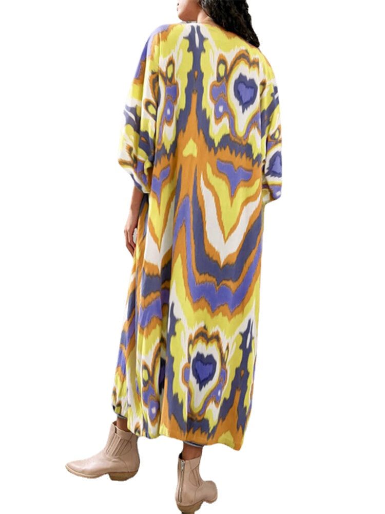 Printing Open Front 3/4 Sleeve Loose Cardigan For Women