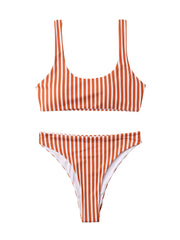 Women Classic Stripe Print Wide Shoulder Straps Swimwear Backless Bikini