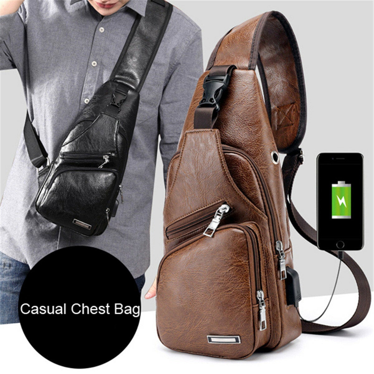 Men Outdoor Shoulder Resistant Anti Theft Chest Bag Travel Daypack with USB Charging Port