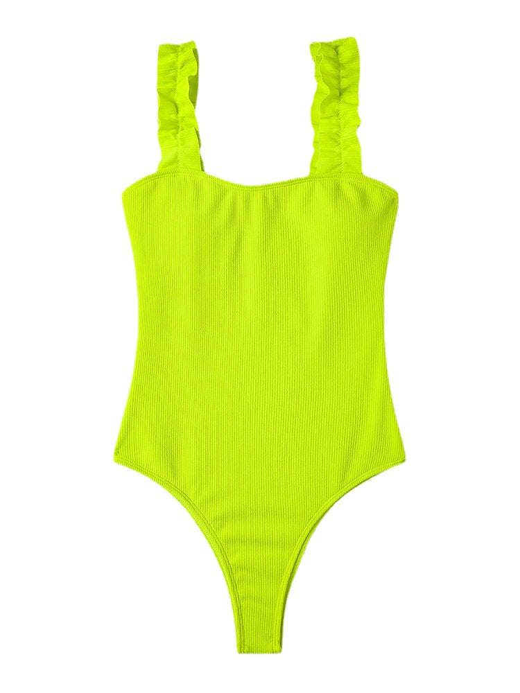 Women Solid Color Ruffled Straps One Piece Hawaii Beach Swimwear