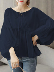 Solid Knotted Ruched Puff Sleeve Casual Blouse