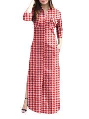 Women Casual Plaid Fork Pocket Long Sleeve Leisure Daily Maxi Dress