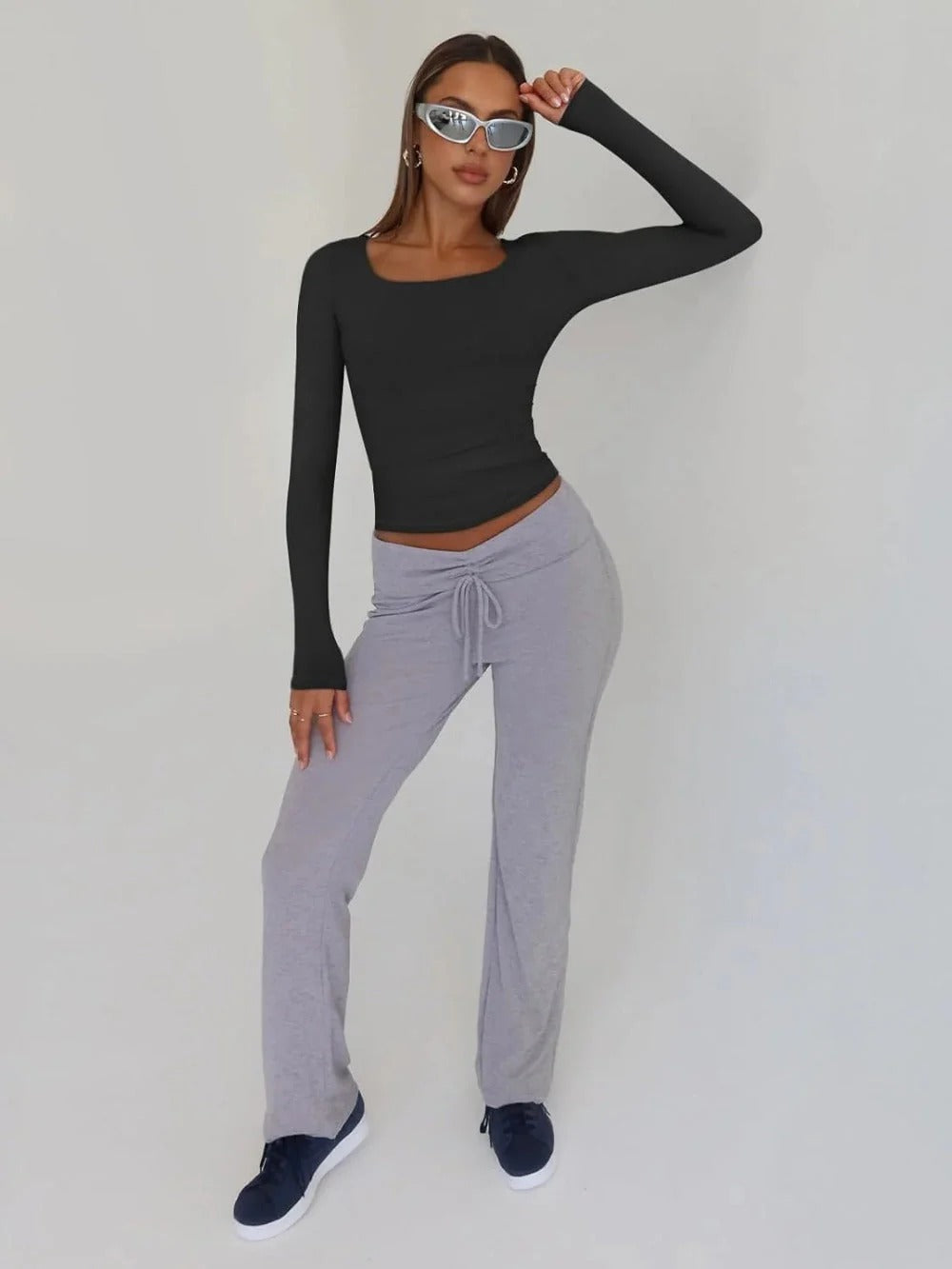 Womens Long Sleeve Shirts Crop Tops Basic Double Layering Tight Slim Fit T Shirts Winter Clothes