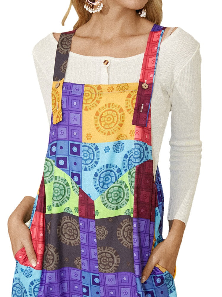 Women Sleeveless Colorblock Ethnic Casual Jumpsuit With Side Pocket
