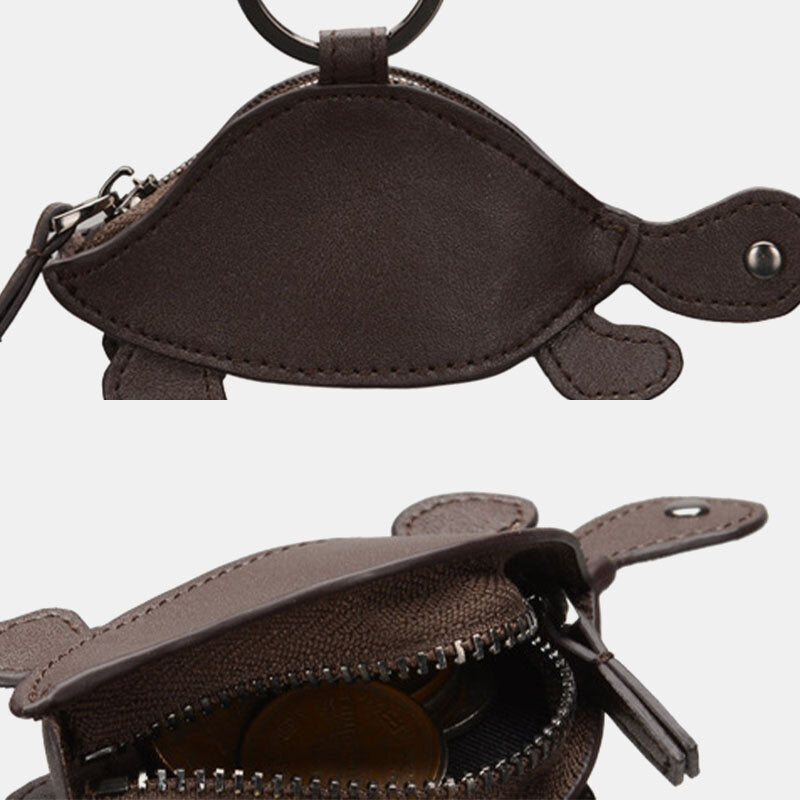 Women Genuine Leather Cowhide Cute Cartoon Turtle Pattern Storage Bag Coin Keychain