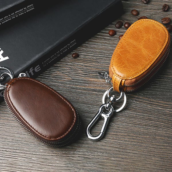 Men Genuine Leather Minimalist Wallet Double Zipper Car Key Case holder