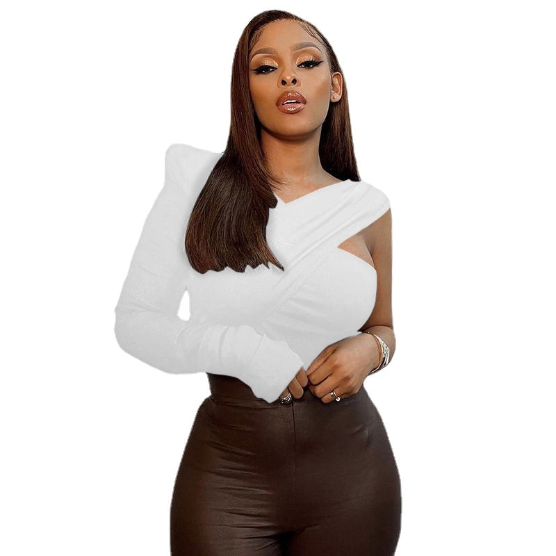 Asymmetric T-shirt Long Sleeve Slim-Fit Padded Shoulder Splice Top