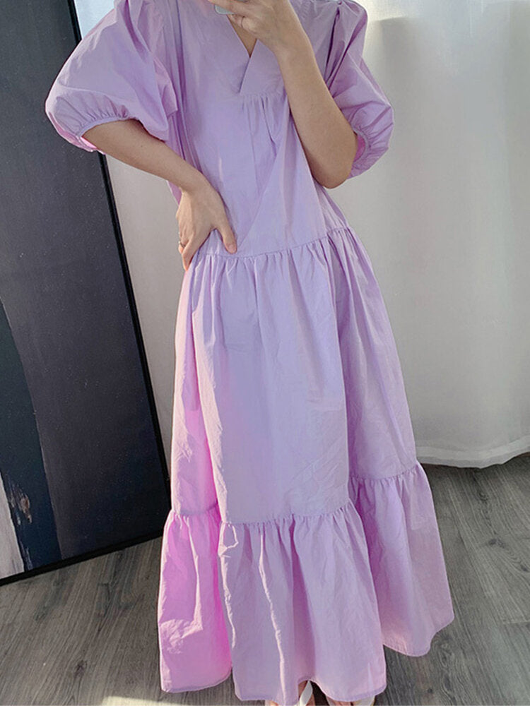 Solid Color Puff Sleeve Pleats Ruffle Hem Holiday Maxi Dress