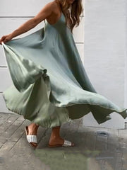 Solid Color Spaghetti Sleeveless Loose Swing Casual Maxi Dress