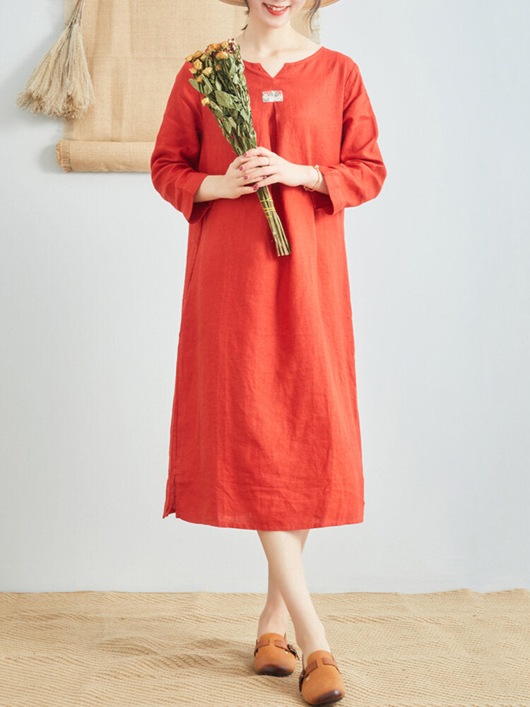 Women Pure Color Cotton Linen V-Neck Long Sleeve Dress with Pockets