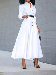 Women Basic Button Down Front Lapel Solid Color Long Sleeve Shirt Dress