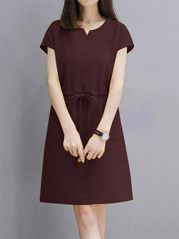 Solid Drawstring Waist Pocket Short Sleeve Casual Dress