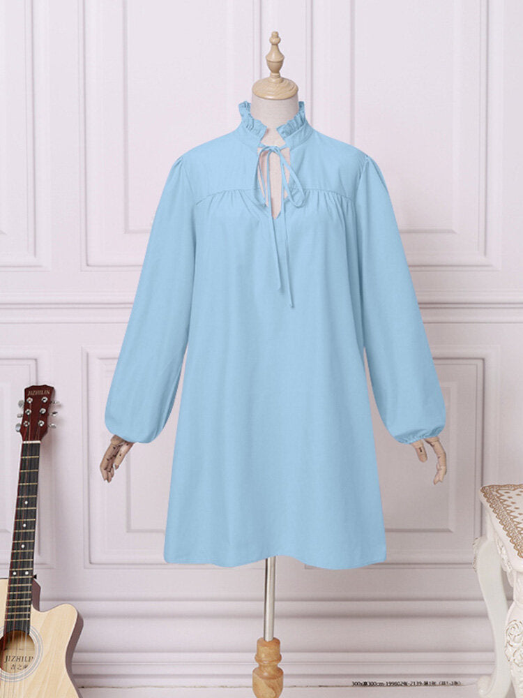 Puff Sleeve V-Neck Solid Spliced Casual Loose Dress For Women