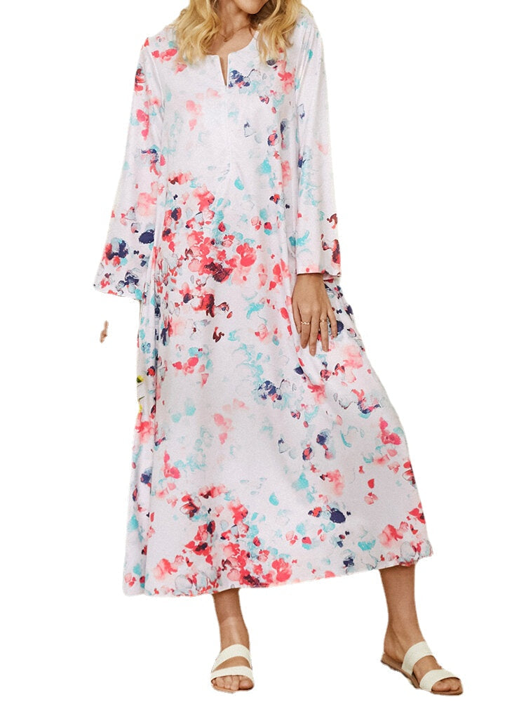 Women Print Long Sleeve Side Pocket Elegant Maxi Dress