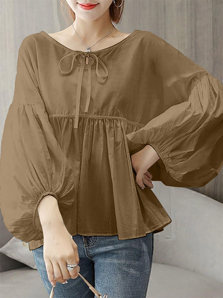 Solid Knotted Ruched Puff Sleeve Casual Blouse