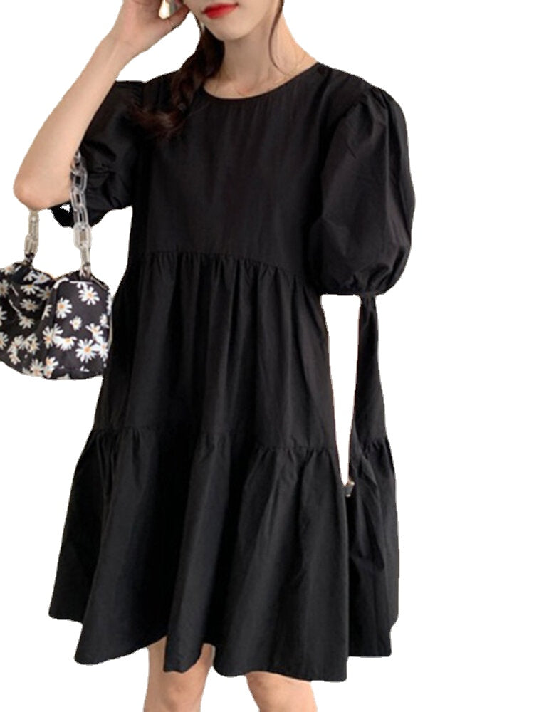 Summer Puff Sleeve Pleating Solid Loose Dress