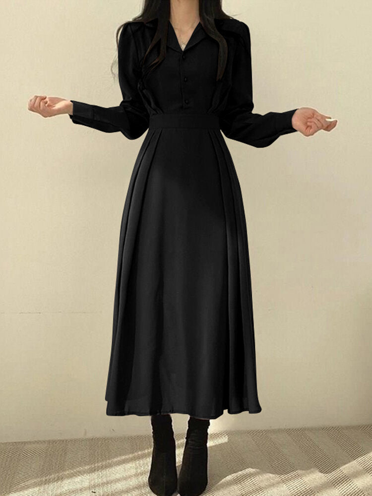 Solid Elastic Waist Button Long Sleeve Lapel Maxi Shirt Dress