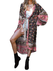 Bohemian Floral Print Tie Waist 3/4 Sleeve Loose Kimono