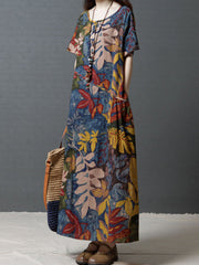 Women Short Sleeve Crew Neck Floral Cotton Vintage Maxi Dress