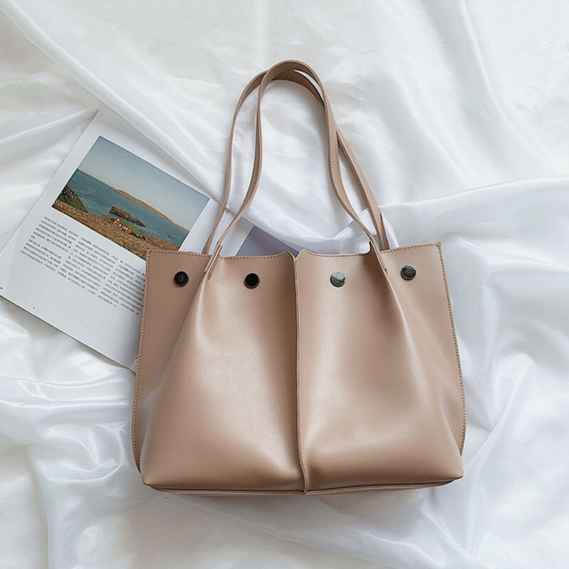 2 Pcs Women PU Leather Rivet Hasp Wild Large Capacity Ruched Bag Shoulder Handbag