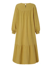 Women Cotton Solid Color Round Neck Long Sleeve Pleated Maxi Dresses